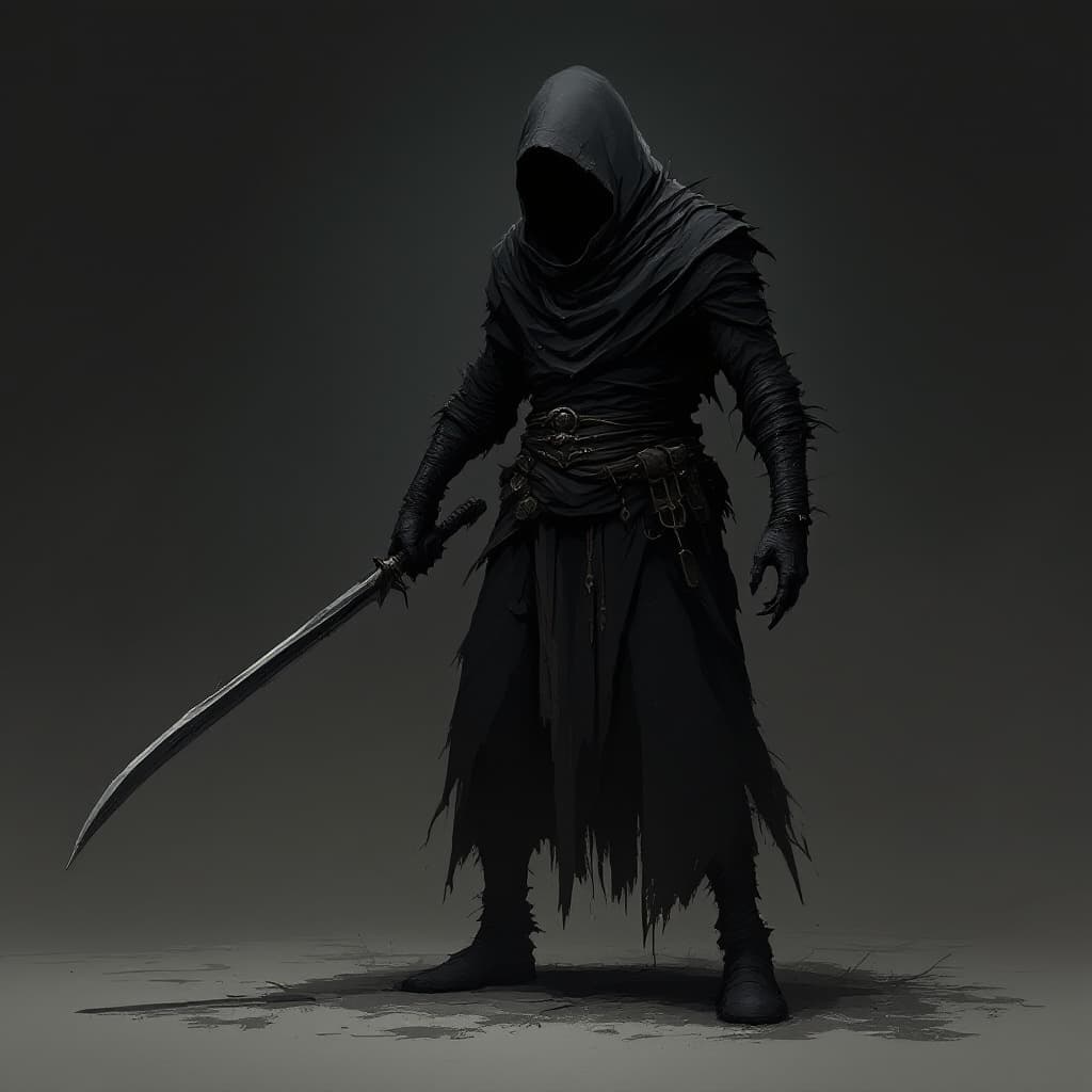 AI generated: darkest dungeon caretaker, hooded figure, concept art, no weapons, human face, full body