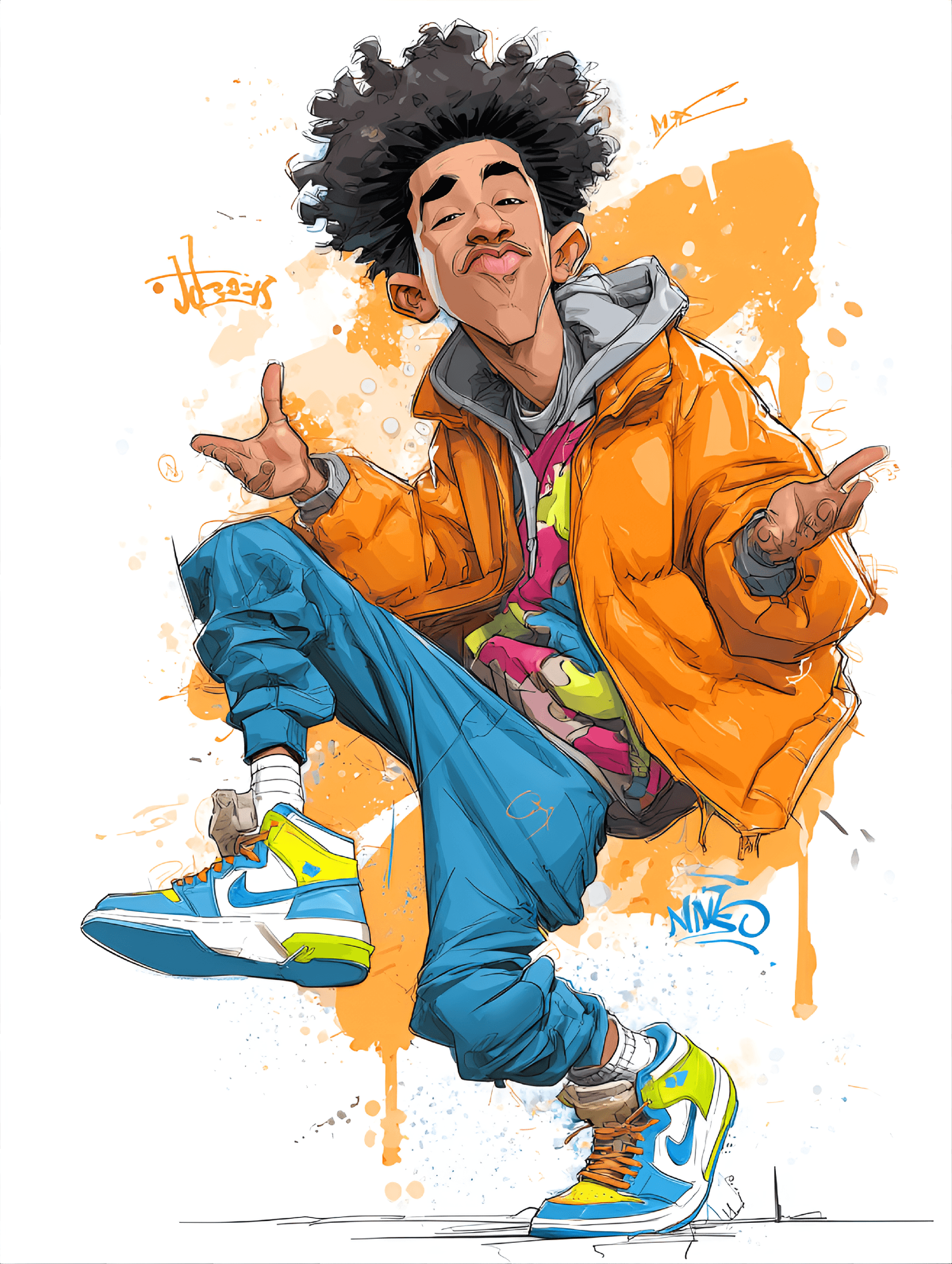 AI generated: funny caricature, funky youth caricature, young african male, 22 years old, afro hair, vibrant sneak...