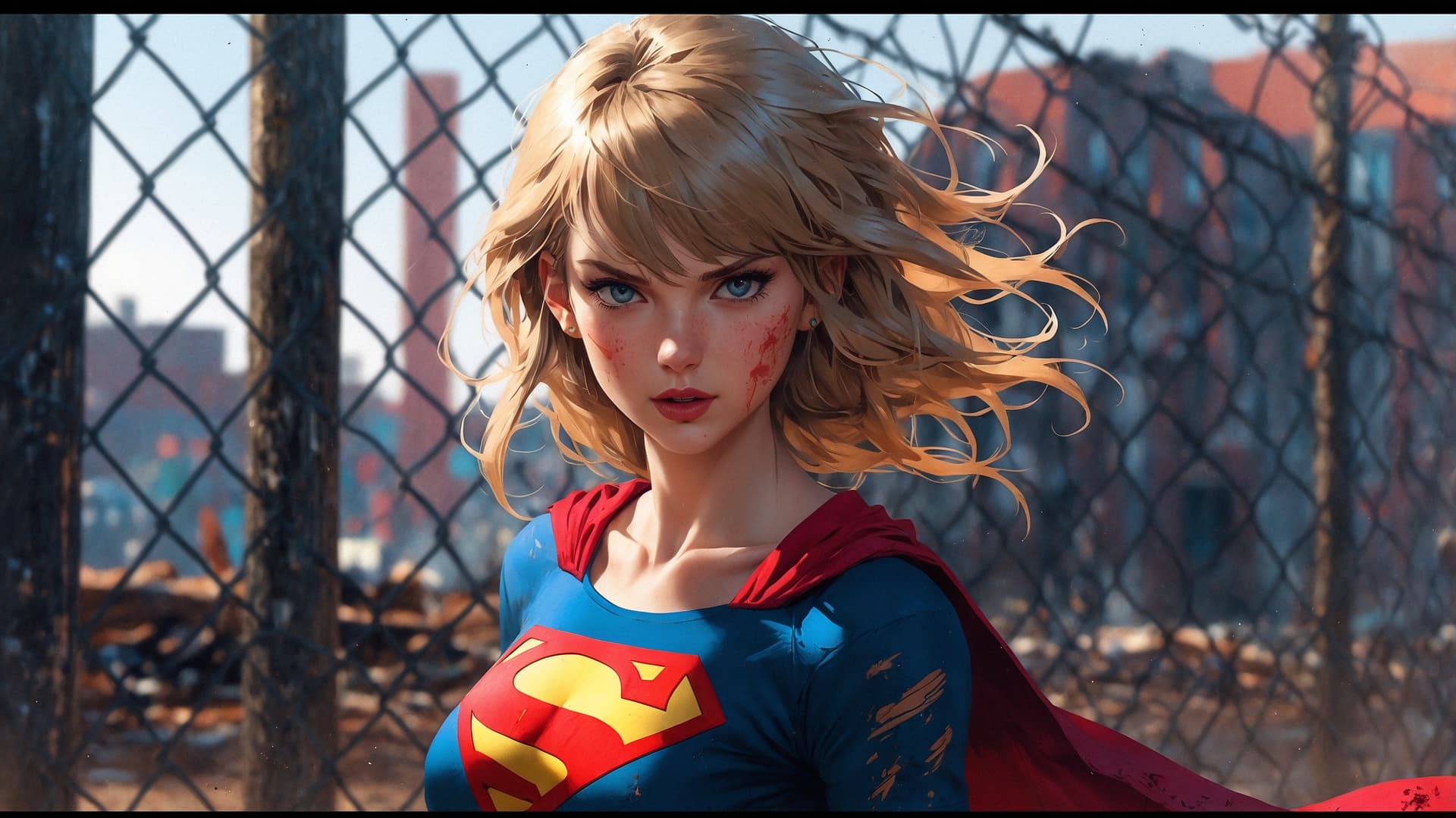 AI generated: Image is a stylized, high-contrast photograph featuring a woman dressed in a tattered superhero cost...