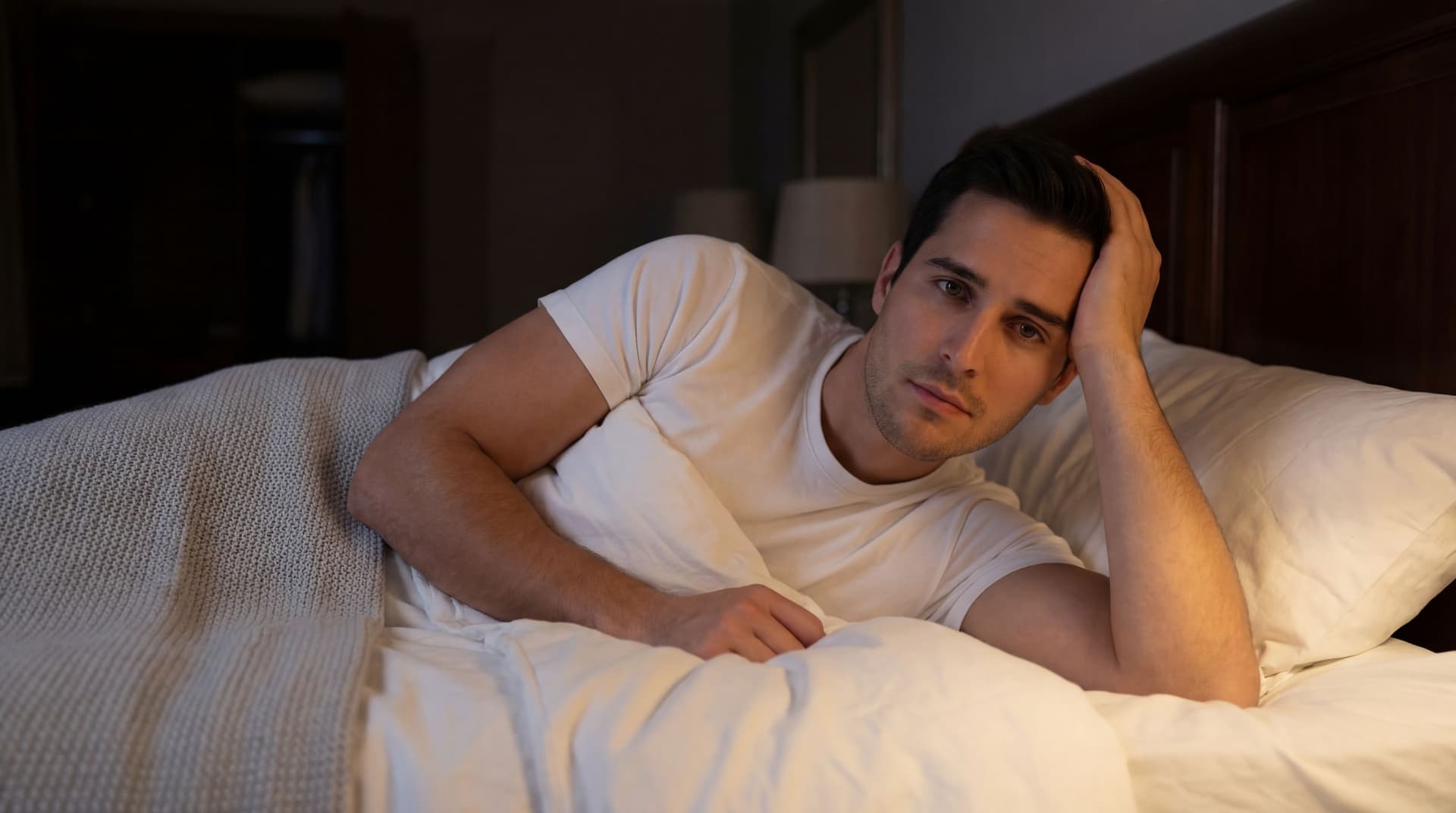 AI generated: At a very nice large bedroom at night. there are no windows. The lights are off. the Hispanic guy ha...