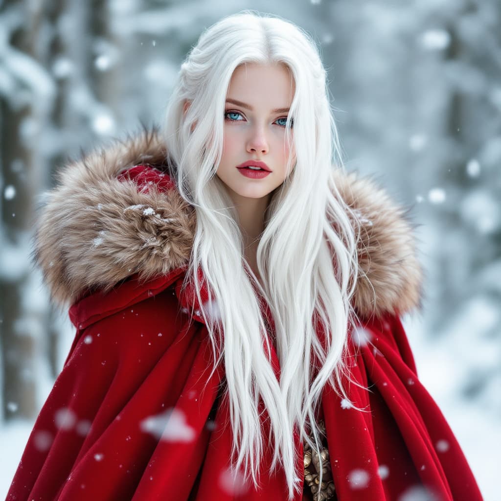 AI generated: a very young beautiful 18 year old European albino princess who enters the snow posing, her platinum...