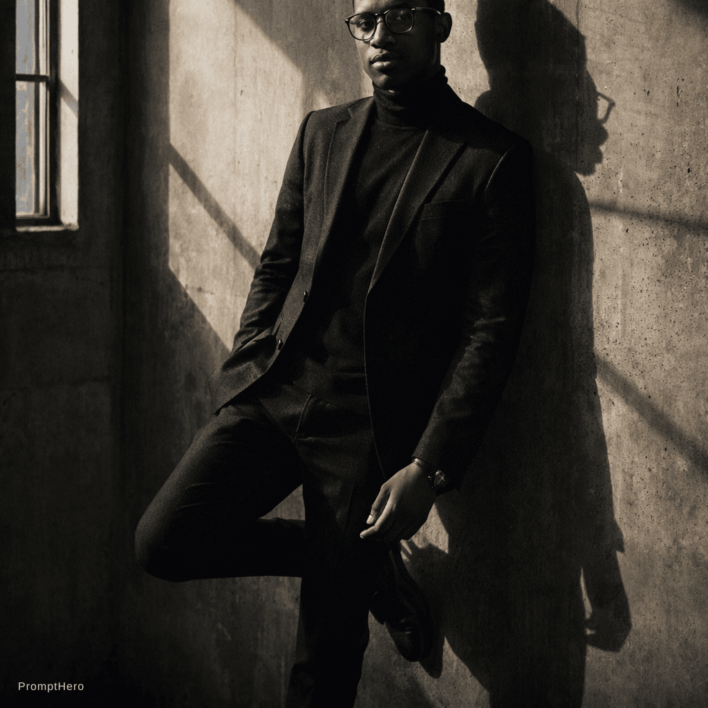 AI generated: this as A man in a tailored black
blazer and turtleneck stands against a
concrete wall. One foot u...
