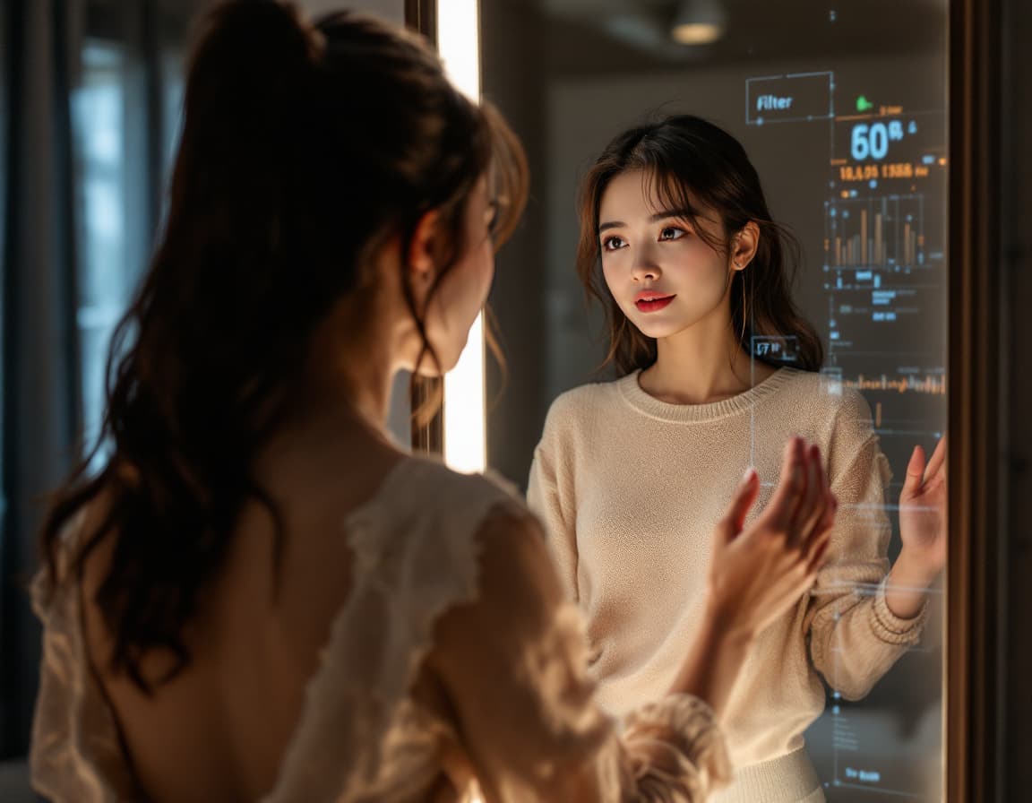 AI generated: Asian woman, full body, look self in the mirror while testing a digital piece of clothing that is a ...