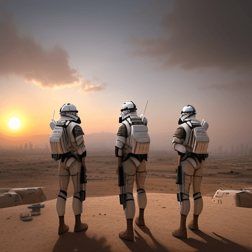 AI generated: 4 stormtroopes as israeli defence forces, army, IDF, middle east city landscape, sunset, fantasy art...