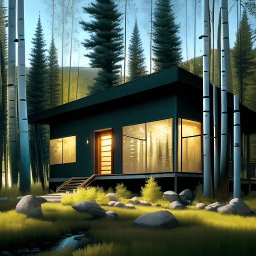 AI generated: Hyper realistic modern cabin house in temperate forest Colorado, light beaming through weeping willo...