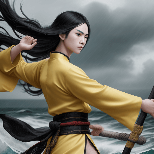 AI generated: A young warrior in ancient China with black hair and wearing yellow Hanfu is fighting on the sea und...