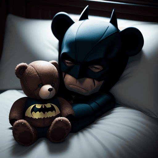 AI generated:  teddy bear sleep with Batman, 4k , ultra HD 