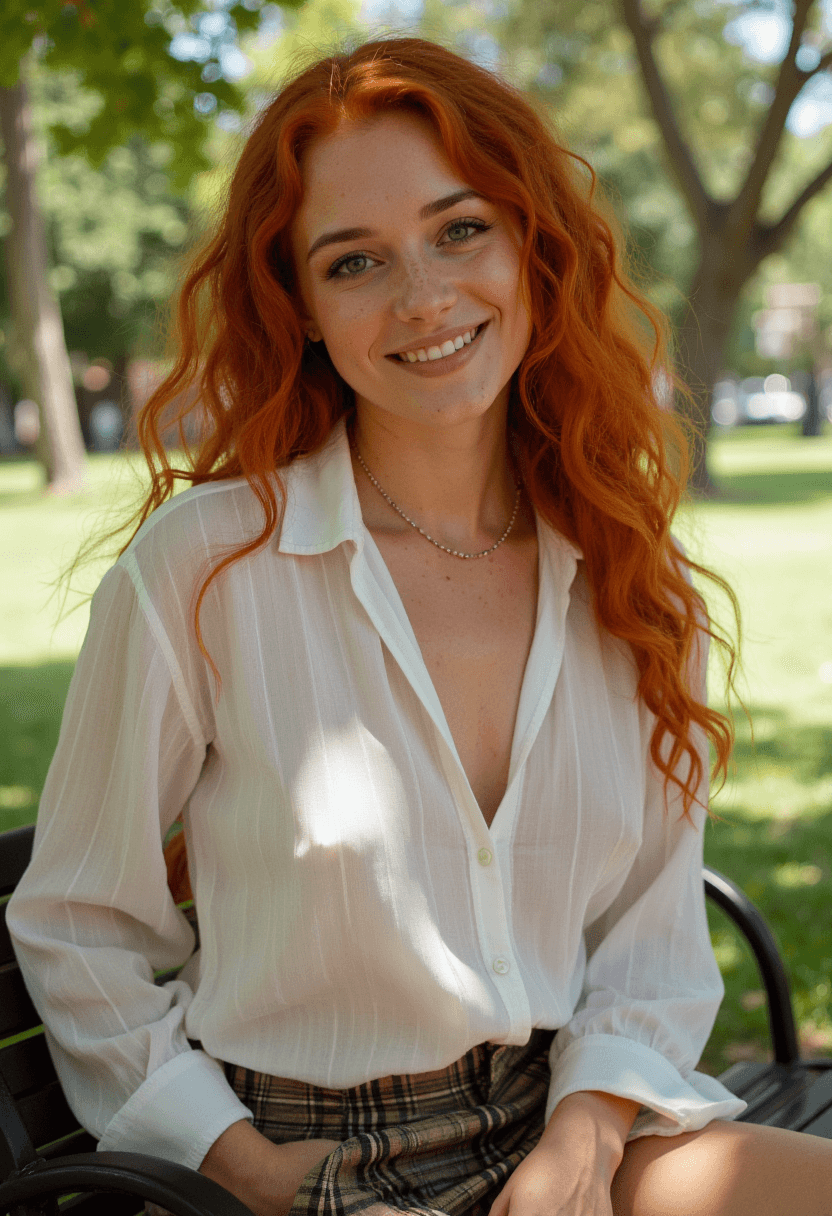 AI generated: photograph of a sexy woman, long curly ginger hair, sapphire eyes, freckles, light makeup, unbuttone...