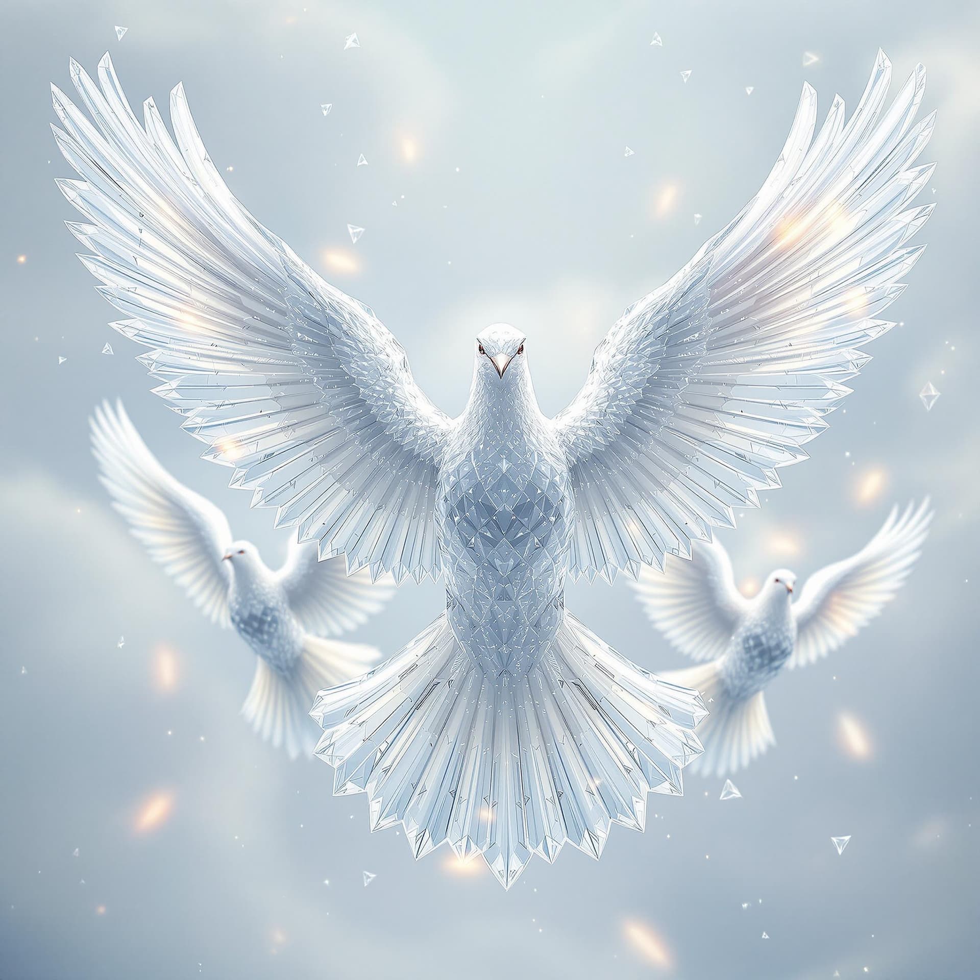 AI generated: FRONT VIEW OF 3 DOVES MADE OUT OF DIAMONDS FLYING WITH WINGS FULLY EXPANDED, 1 DOVE IS BIGGER IN THE...