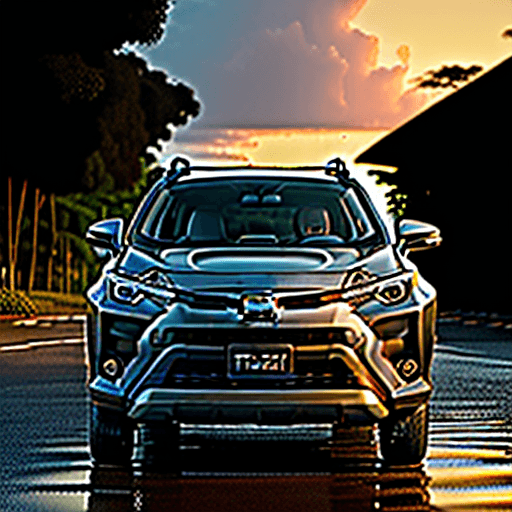 AI generated: carro tt, toyota rav4, nascer do sol pálido, dia de chuva, foto real, cor mate
