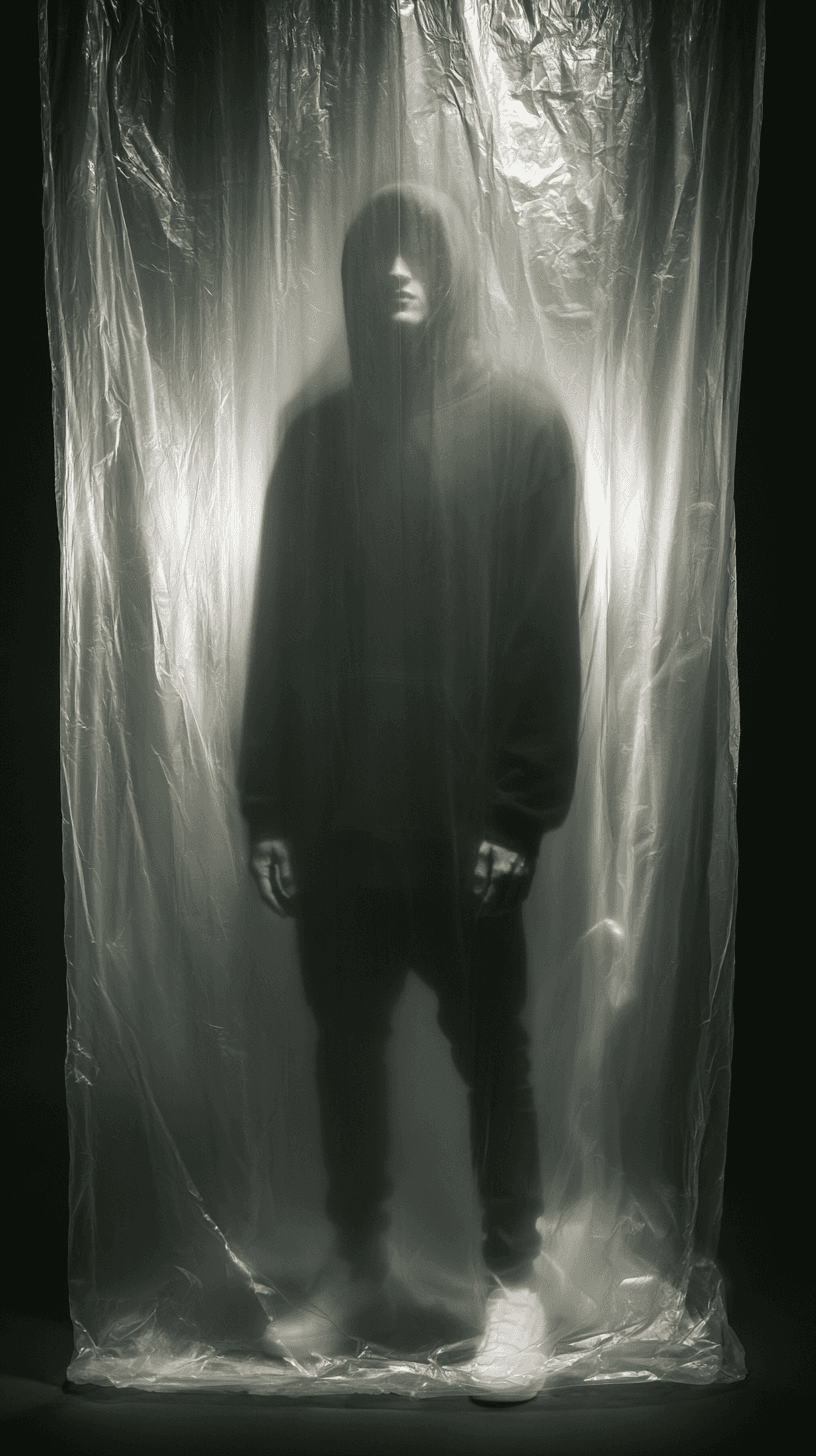 AI generated: photography, full-body shot, man model, wearing minimalist solid black hoodie, positioned behind tra...