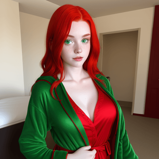 AI generated: 19 year old woman with red hair and green eyes wearing a dressing gown
