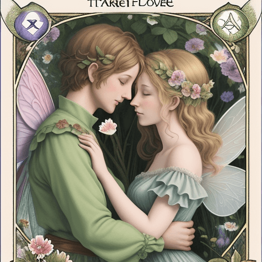 AI generated: cottage core flower fairy style tarot card of the lovers, not realistic