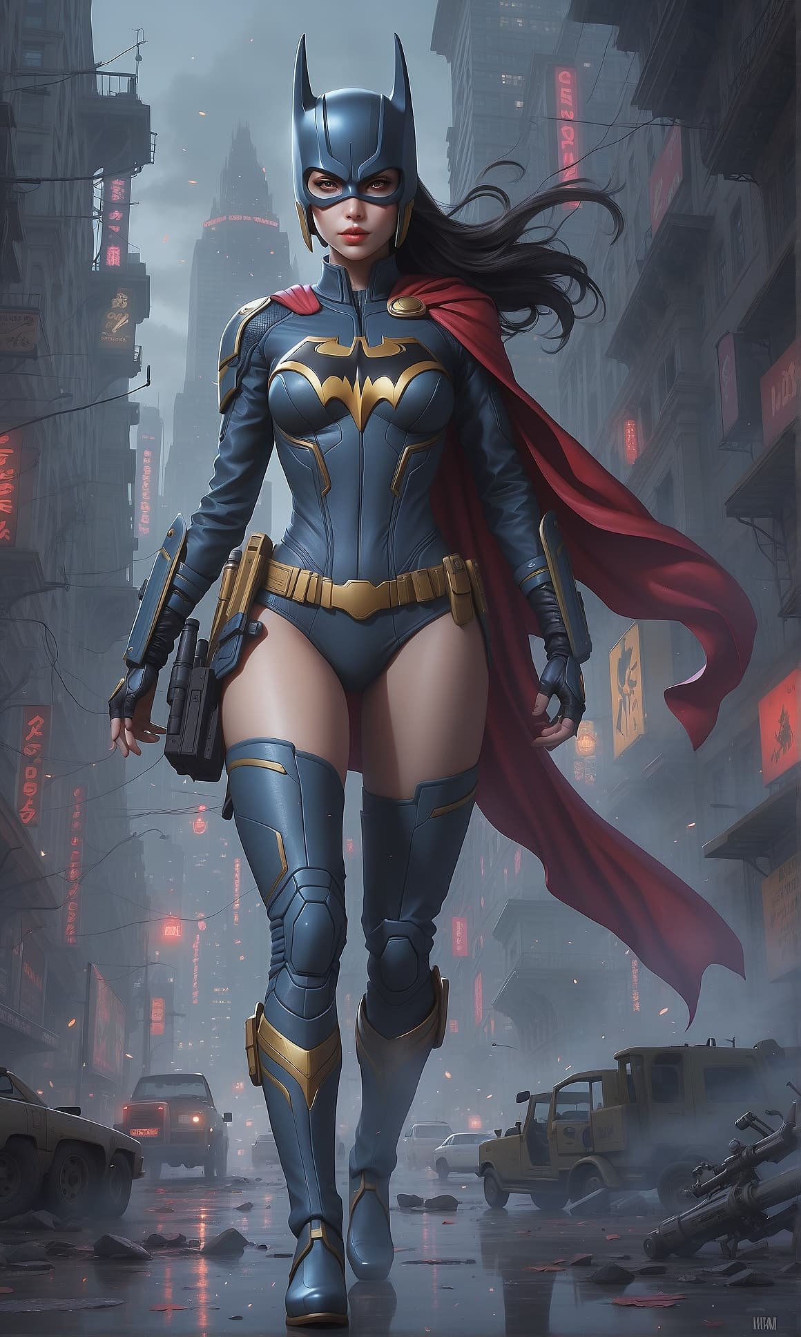 AI generated: a masterpiece, batgirl/supergirl from dc comic wearing alternate yellow costume, coy and alluring, f...