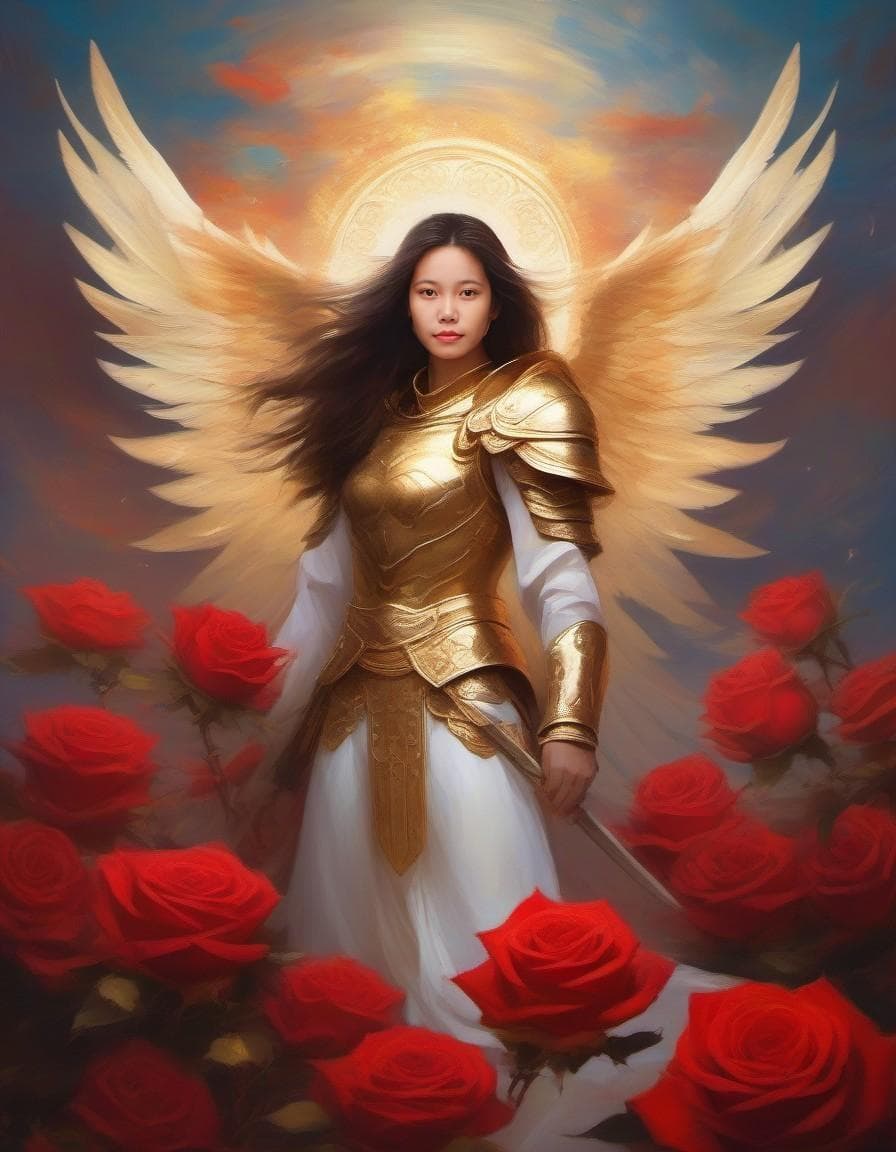 AI generated: illustrate an angelic warrior with armor and wings glowing in a radiant shade of red or gold, hoveri...
