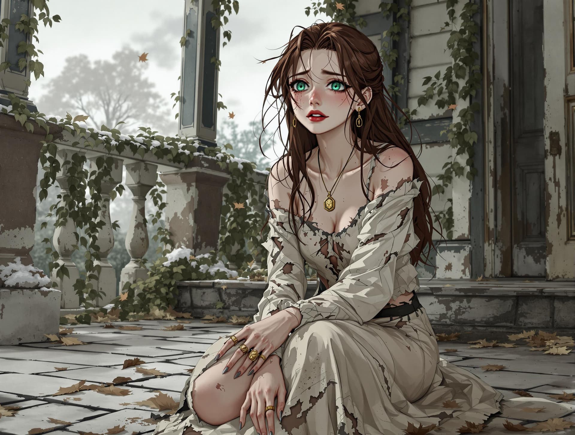 AI generated: A young woman with delicate, refined features—high cheekbones, soft pink lips, and large, expressive...