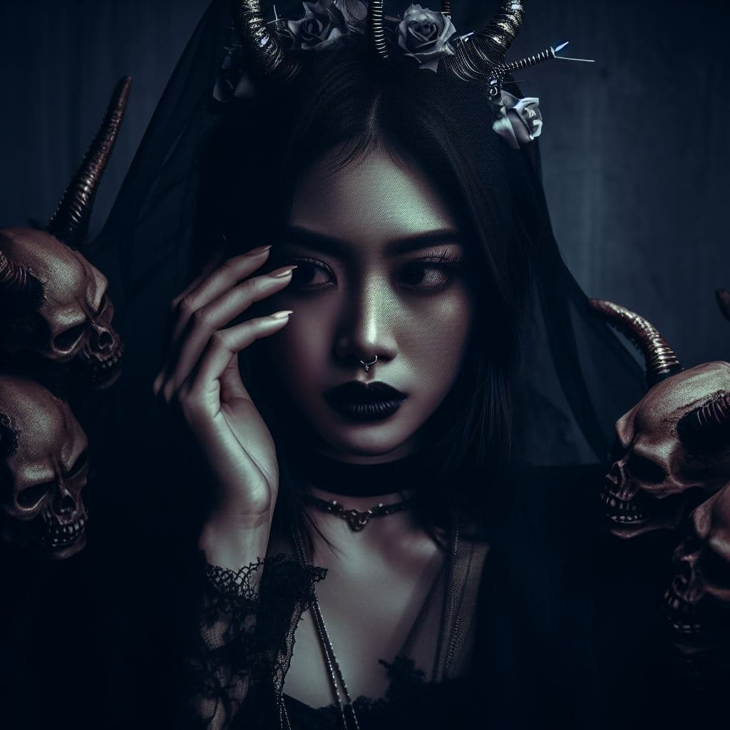 AI generated: Aesthetics and pain,A mysterious woman with a dark aura has made a pact with the devil,The picture s...