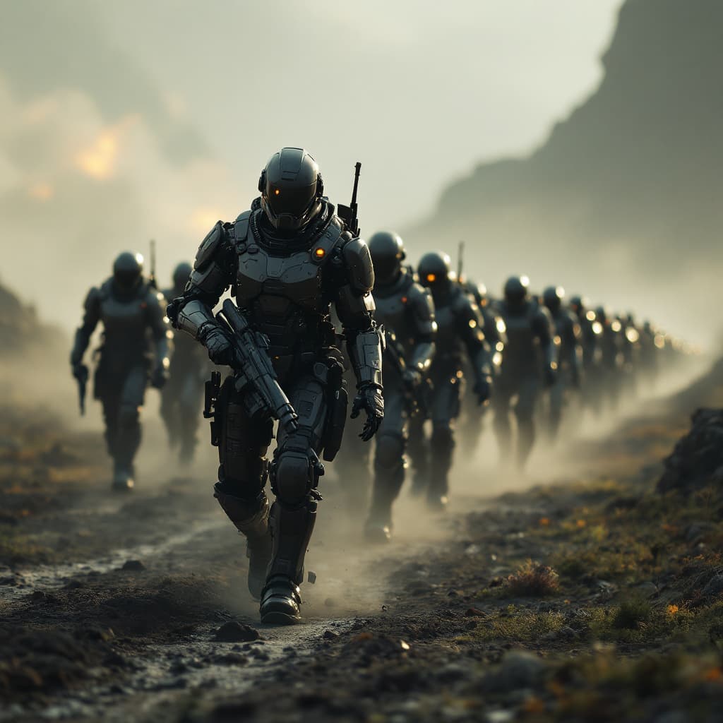 AI generated: An army of cybernetic soldiers marching, muted colors, photorealistic, cinematic, cinematic lighting...