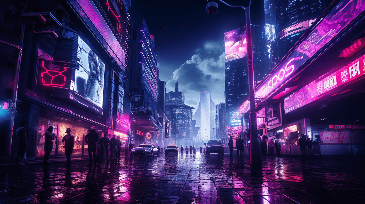 AI generated: futuristic nighttime cyberpunk photography,the photography is take from the road with a Fujifilm XT-...