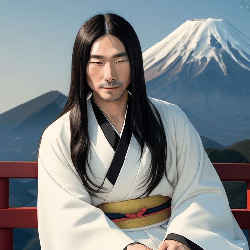 AI generated: Portrait of a Japanese man with long black hair in kimono on the background of Mount Fuji in Japan. ...