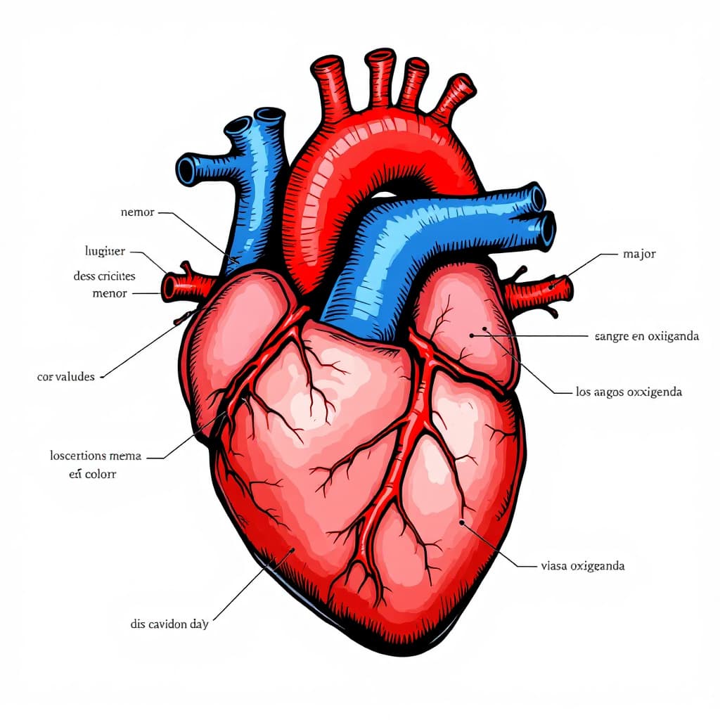AI generated: Realiza un dibujo del corazón en el que se vean sus cavidades, sus válvulas y los vasos sanguíneos q...