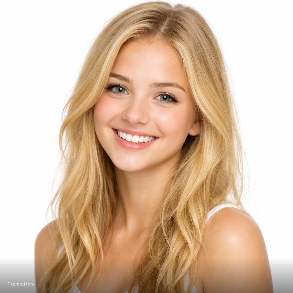 AI generated: a beautiful 18 year old blonde girl smiling on a white background