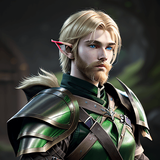 AI generated: 19 year old young Half-Elf male from D&D, shaggy blonde hair, bearded, ranger, black and green leath...