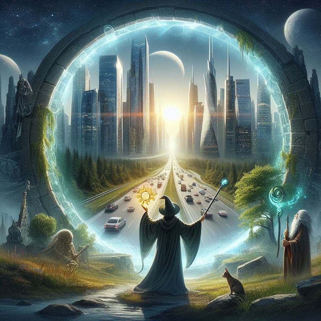 AI generated: A wizard from a medieval fantasy world uses a magical portkey to open a gate to our modern world. In...