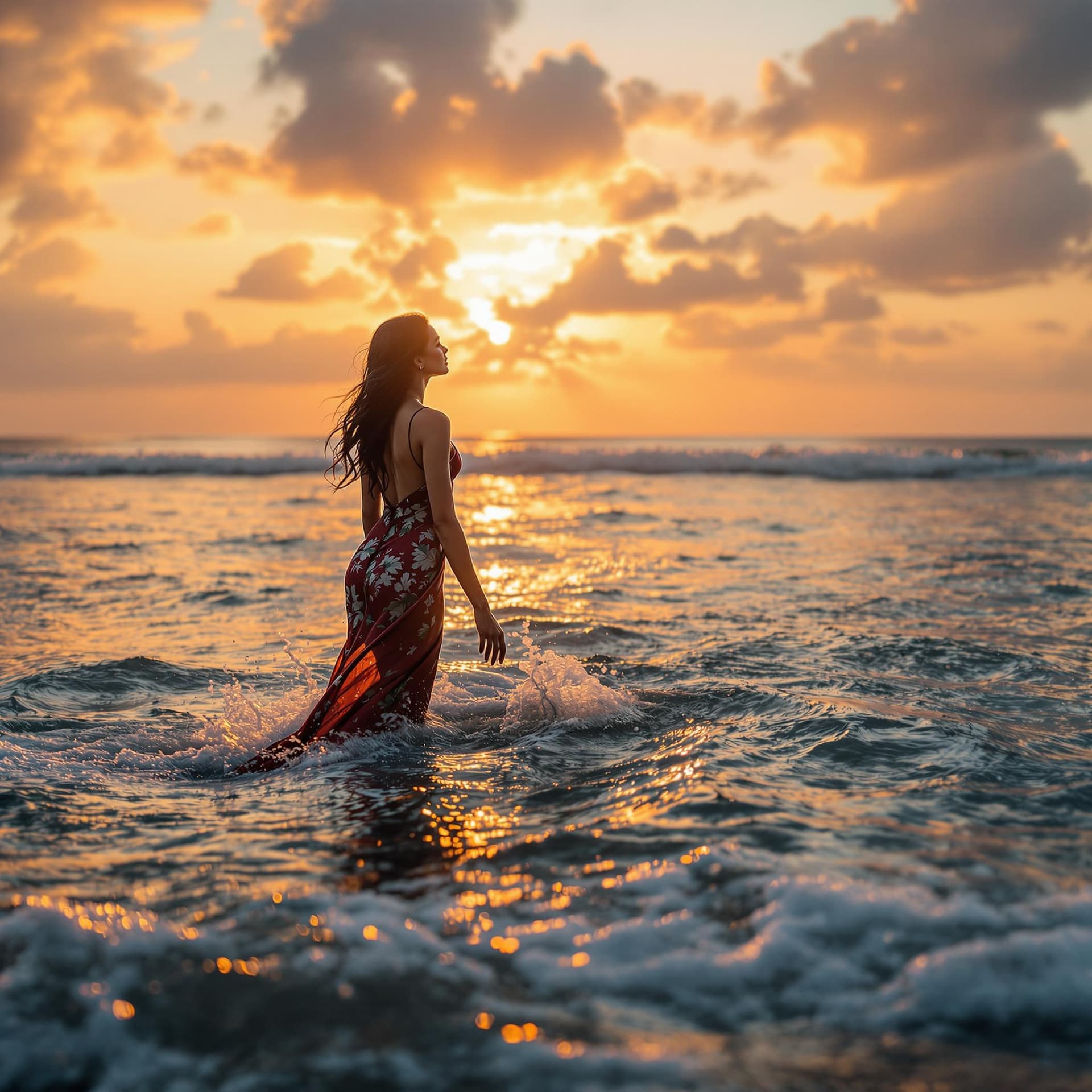 AI generated: The image features a Indian woman standing half in the sea, small waves hiting on her body, highly d...