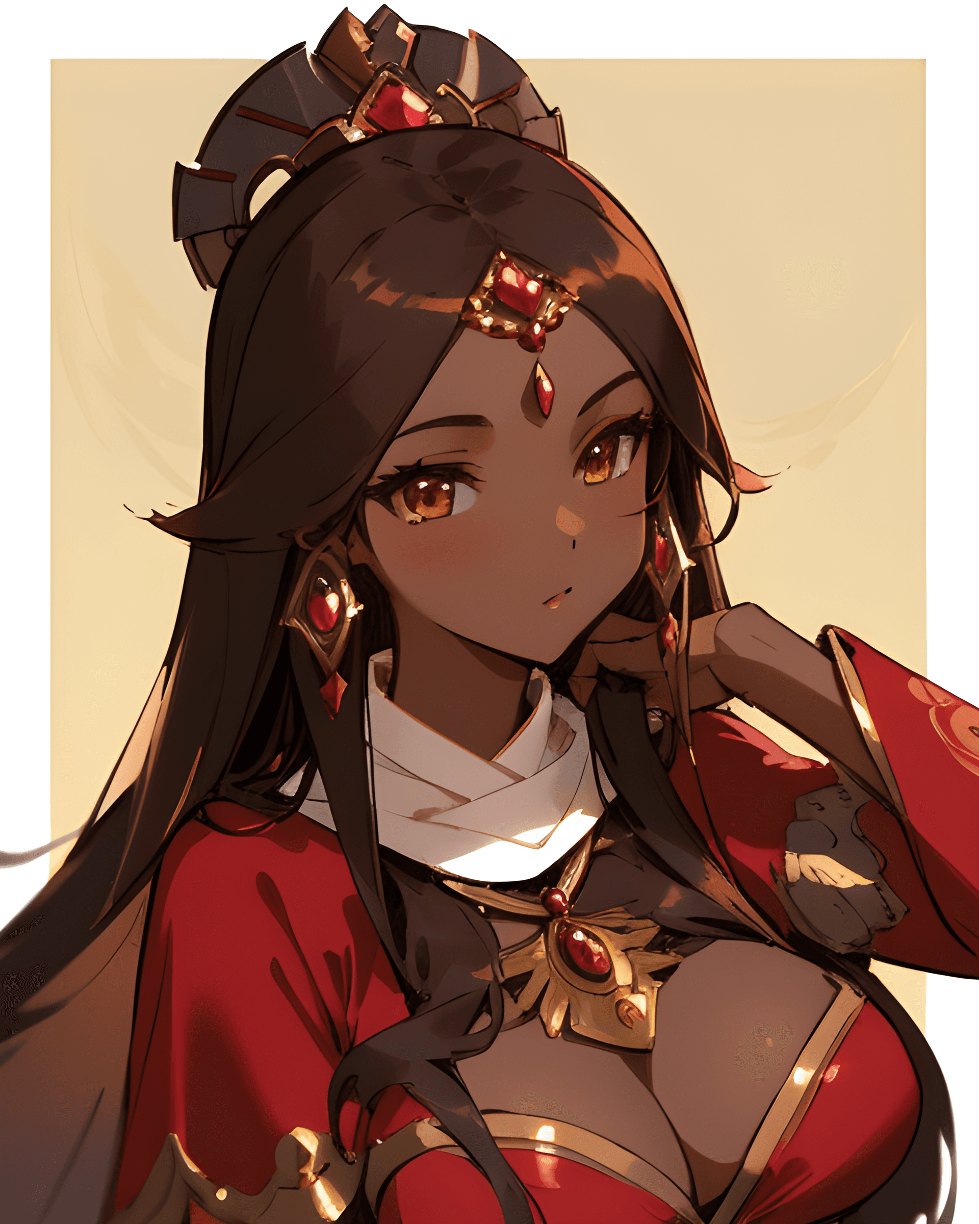 AI generated: a woman with long hair wearing a red dress, qiyana, trending on artstaton, very dark brown skin!, pi...