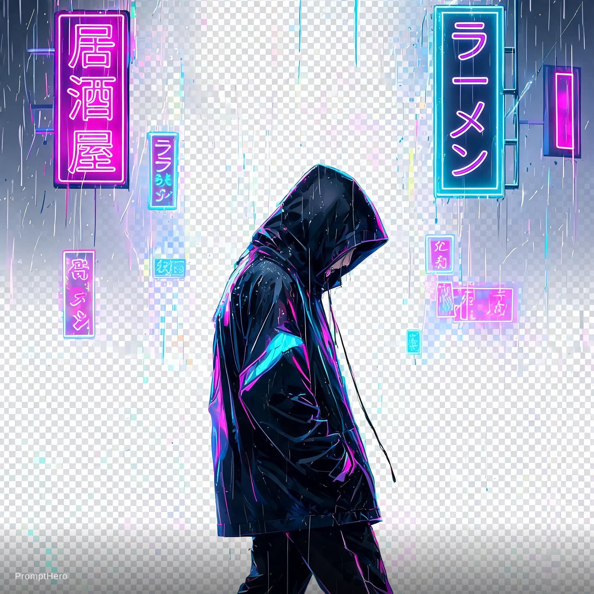 AI generated: lonely figure walking through neon tokyo street in the rain, synthwave cyberpunk aesthetic, japanese...