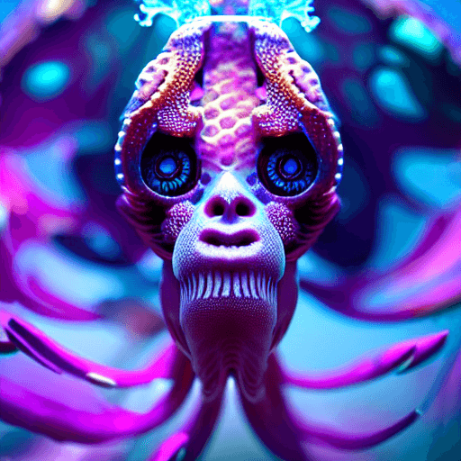 AI generated: Goddess close-up portrait ribcagel. jellyfish phoenix head, nautilus, orchid, skull, betta fish, bio...
