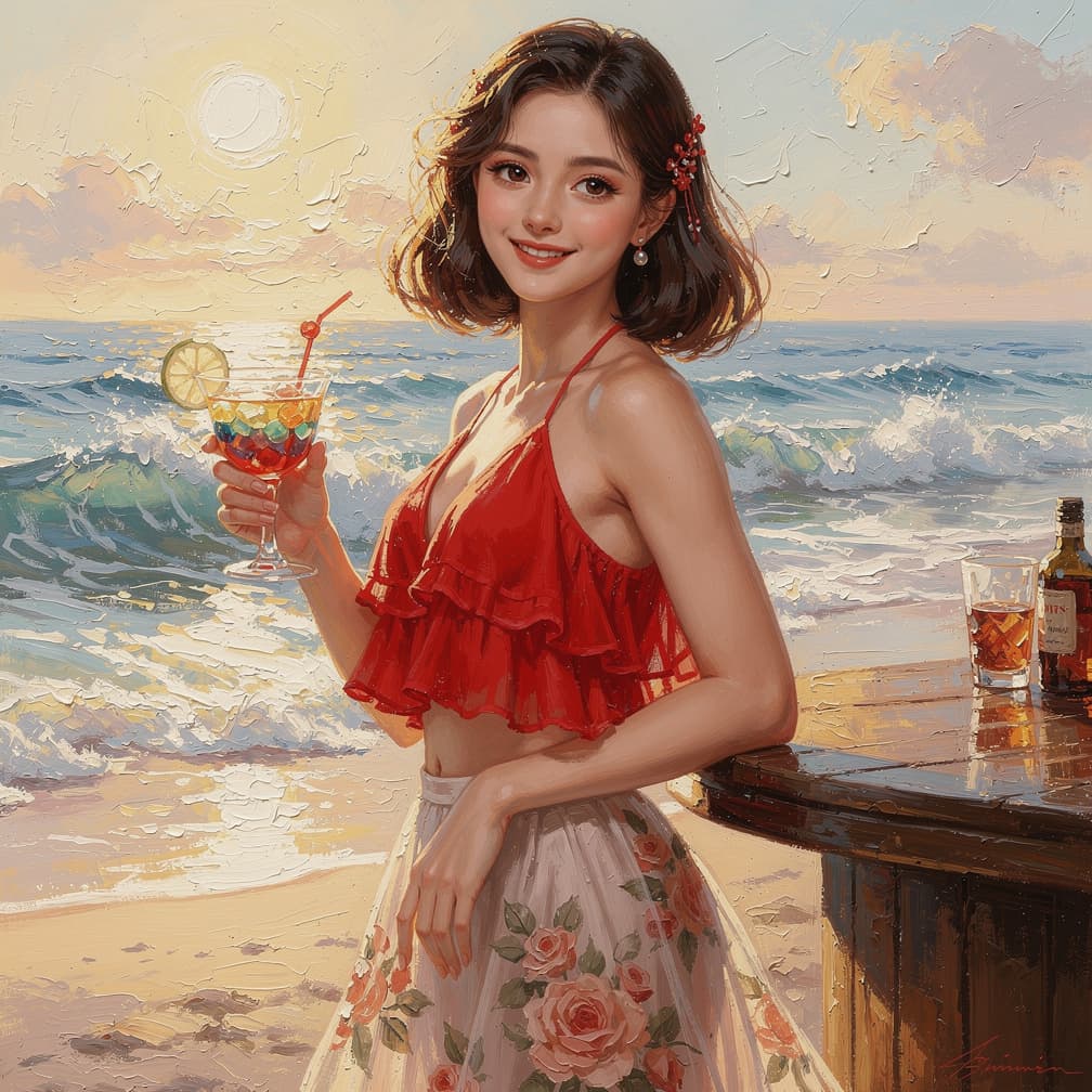 AI generated: Gorgeous young woman with a shoulder-length bob haircut, soft waves, delicate red accents in her hai...