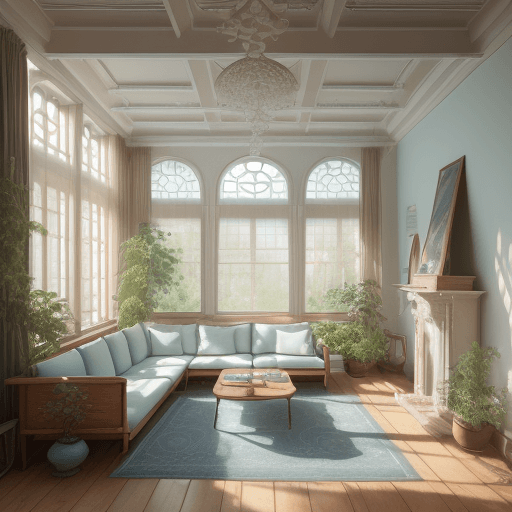 AI generated: High resolution photography interior design, dreamy sunken living room conversation pit, wooden floo...