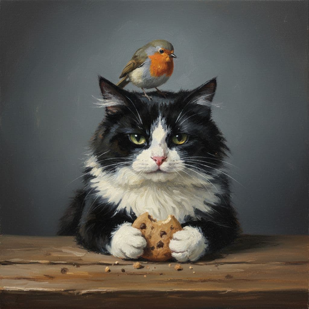 AI generated: Oil painting of a black and white cat eating a cookie with a bird perched on its head, set against a...