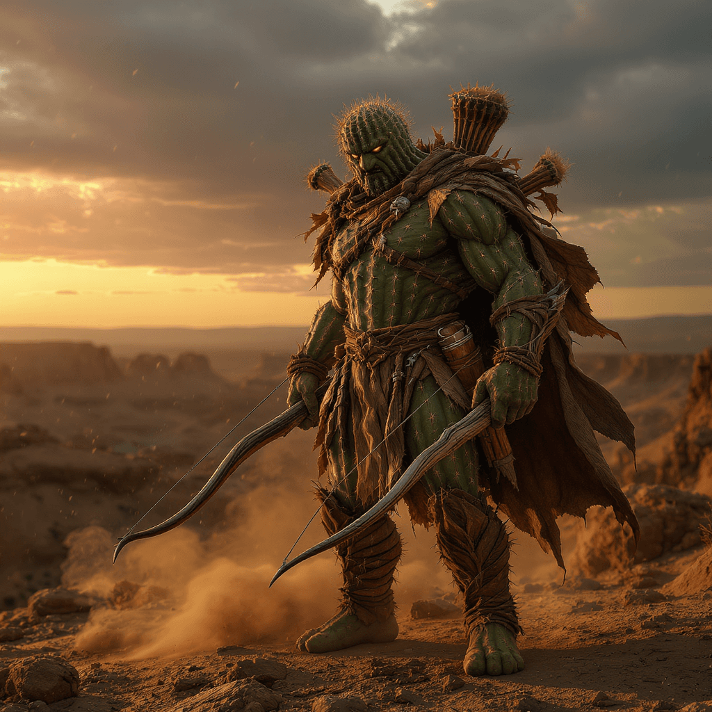 AI generated: “Hyperrealistic cactus warrior archer standing alone on a desert mesa at sunset, his body made of we...