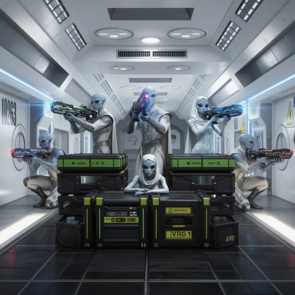 AI generated: futuristic sci-fi storage corridor, clean white walls, blue lighting accents, stacked crates along b...