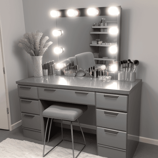 AI generated: Glittery gray modern dresser unit with good storage for hair tools, makeup and daily skin card produ...