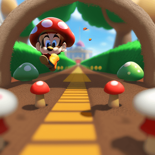 AI generated: Super-Mario running, Mushroom Kingdom background, 32k, closeup, trending on poltcount 3D, game --v 5...