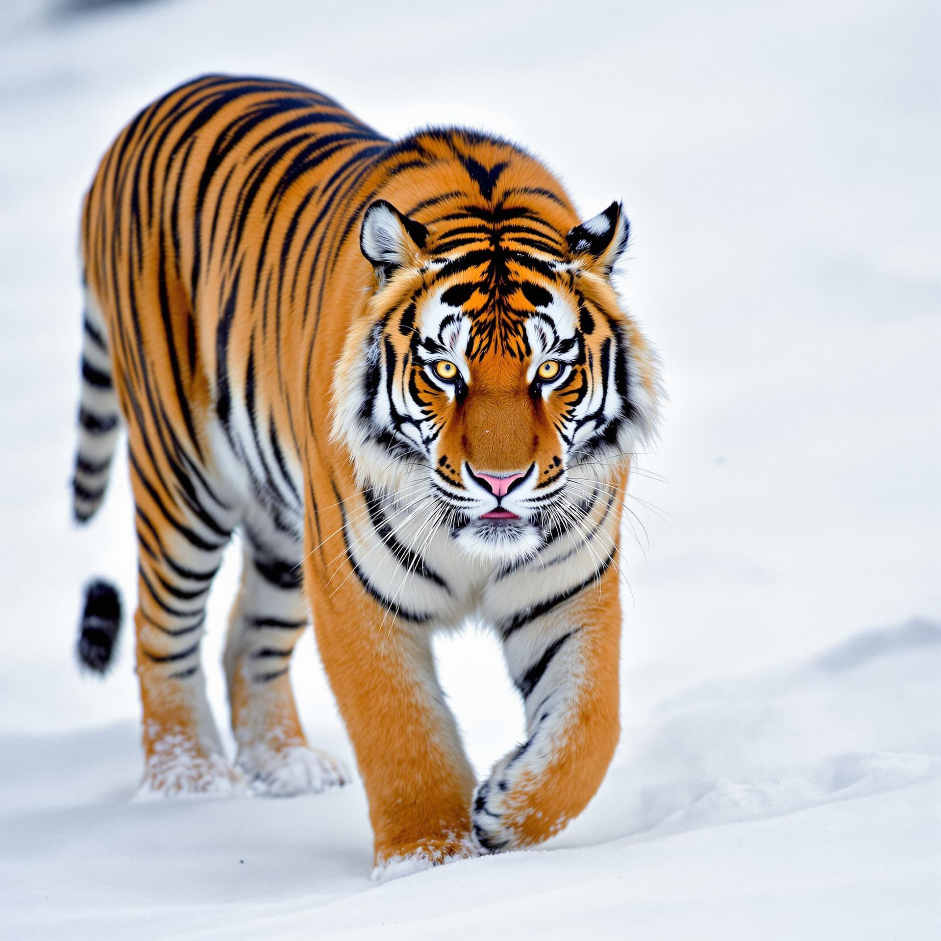 AI generated: The image captures a majestic tiger walking through a snowy landscape. Its fur is a vibrant orange w...