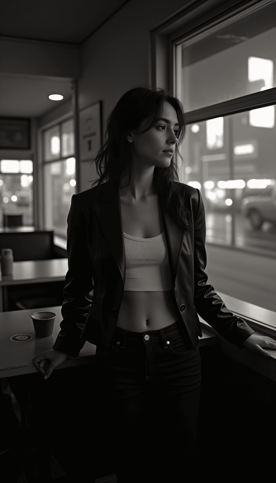 AI generated: A black and white scene in Jim Jarmusch style: A lone female figure stands in a dimly lit late-night...