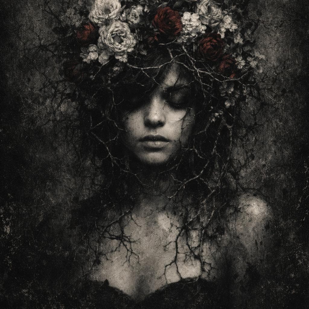 AI generated: A gothic and surreal artwork featuring a woman whose head is adorned with a floral arrangement. The ...