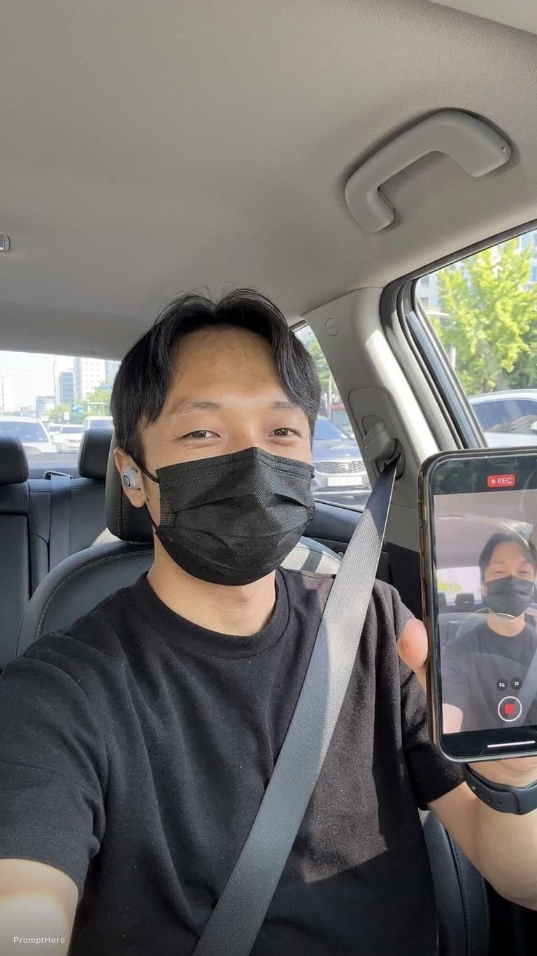 AI generated: this man, but inside the car in the driver's seat, recording herself in selfie mode