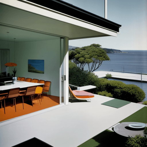 AI generated: Hyper realistic eye level exterior photo of a mid century modern style house overlooking the ocean, ...