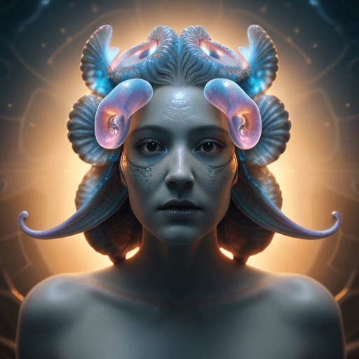 AI generated: Goddess close-up portrait ribcagel. jellyfish phoenix head, nautilus, orchid, skull, betta fish, bio...