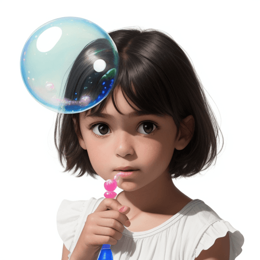 AI generated: "9-year-old girl holding a bubble above her head, white background"
