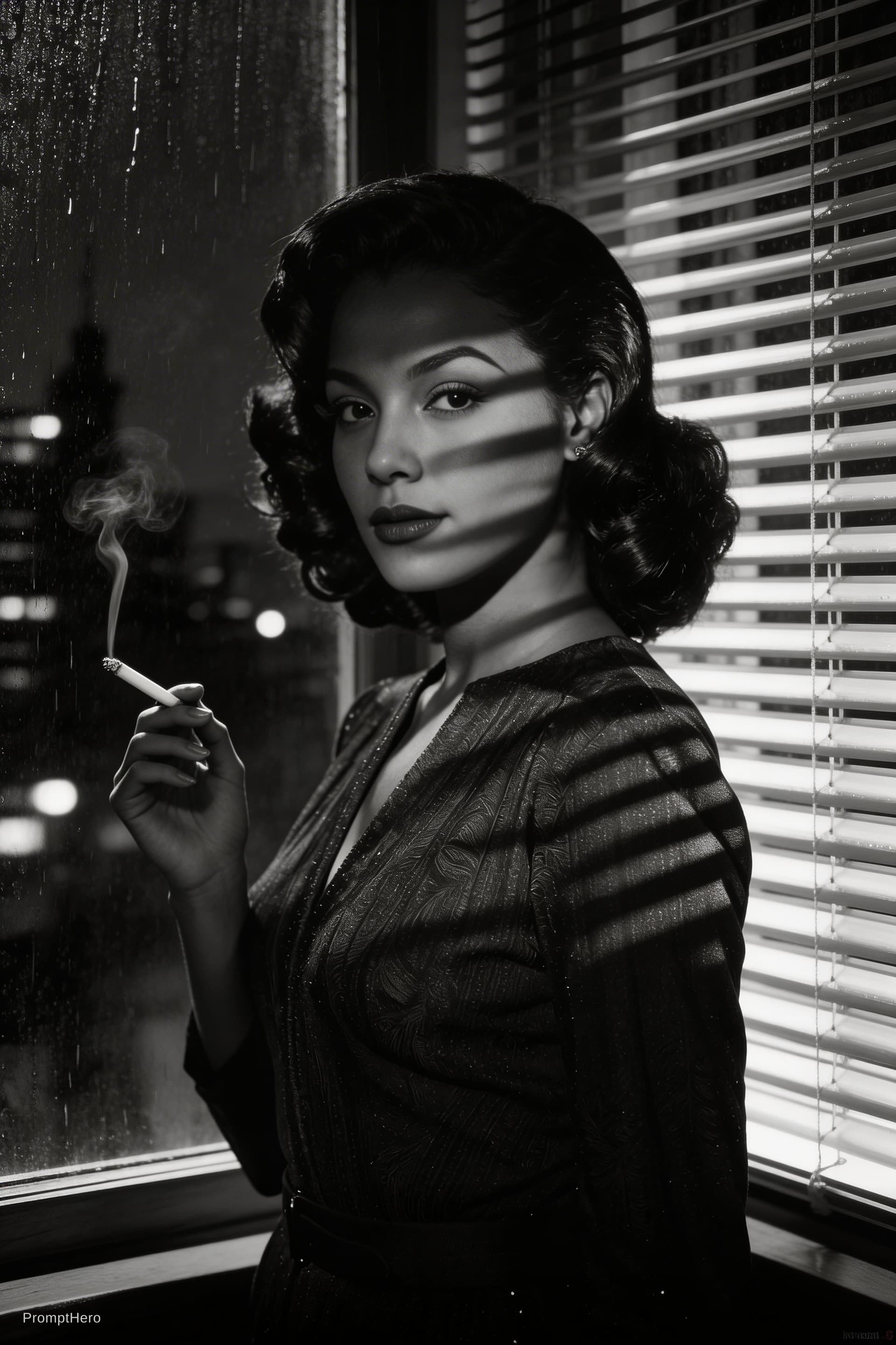 AI generated: Film Noir Mystery: "The demoness as the quintessential femme fatale in a black and white film noir s...