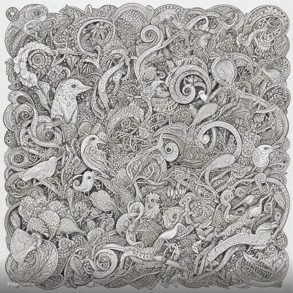 AI generated: An intricate, dense, full-page adult coloring book line art composition. The style is defined by cle...