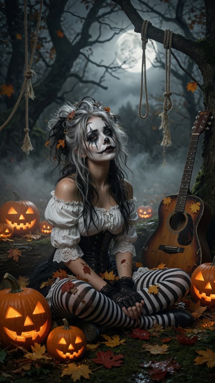AI generated: A hyper-realistic cinematic portrait of a gothic pierrot woman sitting cross-legged in a misty autum...