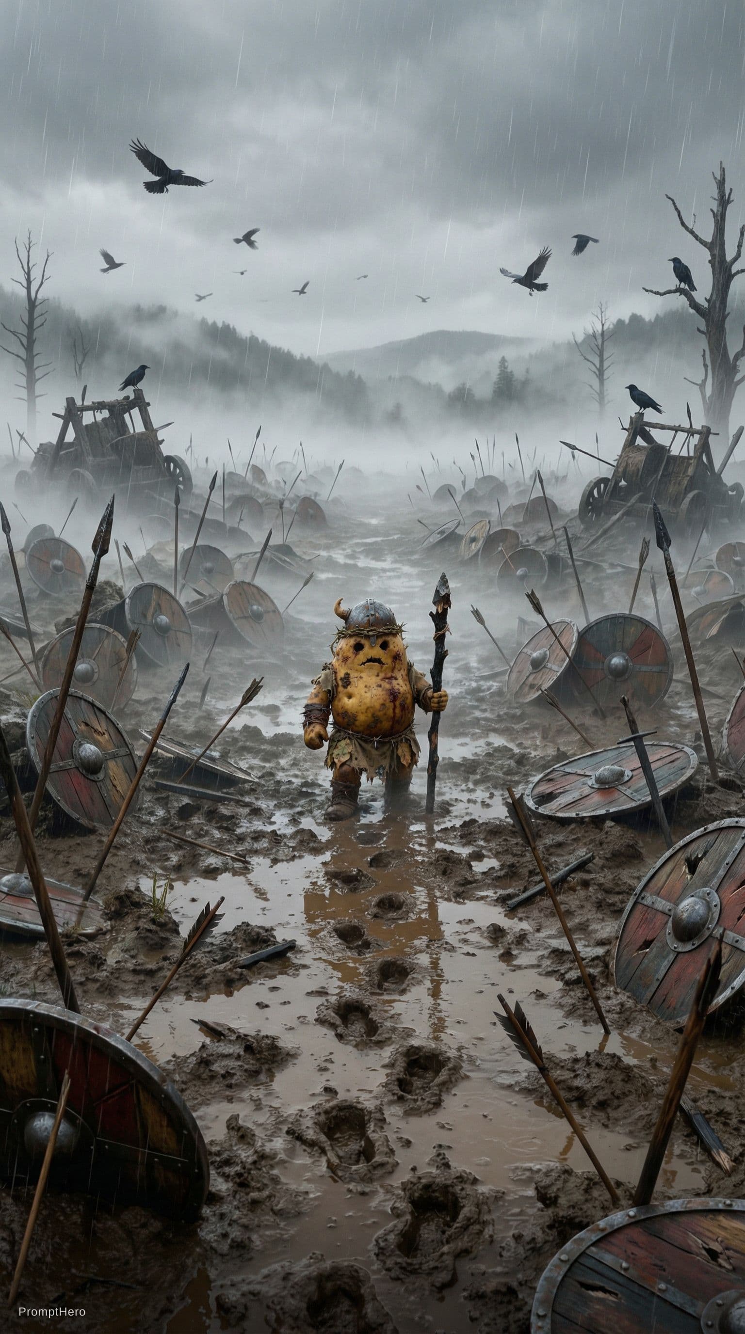 AI generated: Wide cinematic shot of the same potato warrior walking alone across massive muddy battlefield after ...